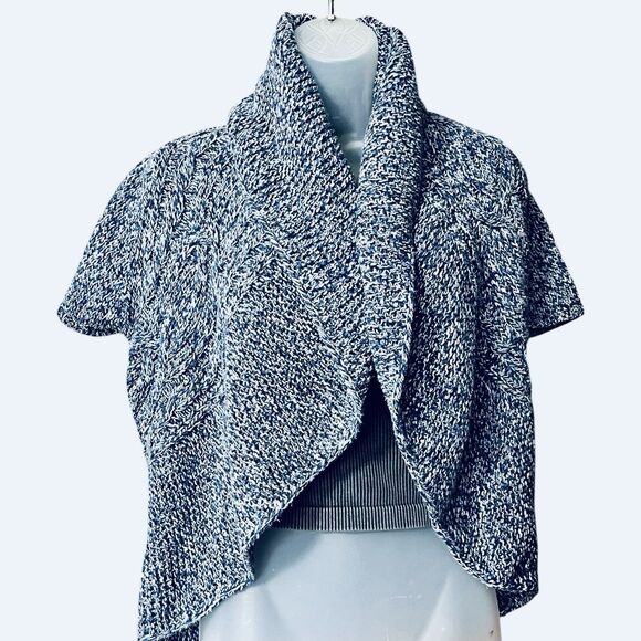 Vtg Y2K Express Blue Short Sleeve Shrug Sweater Sz M  Wide Fold Over Collar - Picture 2 of 10